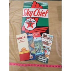 SKY CHIEF TEXACO SIGN (REPRO) & 4 VINTAGE OIL COMPANY MAPS