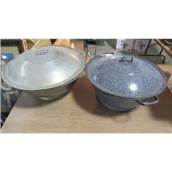 TWO BREAD PANS WITH LIDS (1 ENAMAL WEAR, 1 TIN)