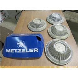 METZELER TIRE HOLDER AND 1963 BELAIR HUBCAPS