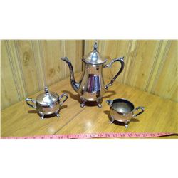 Silver plated tea set (tea pot, sugar, cream *missing lid*)