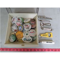 LOT OF WINTER FESTIVAL BUTTONS AND ASSORTED BOTTLE OPENERS