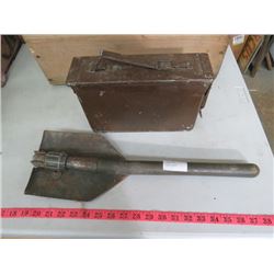 AMMUNITION BOX AND ARYM SHOVEL (BOX IS 6.5" X 3" X 10.5")