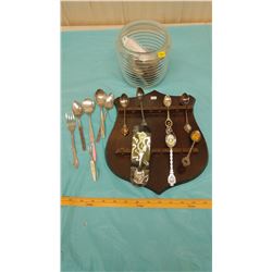 LOT OF ASSORTED SPOONS AND DISPLAY CASE