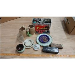 LOT OF COLLECTIBLES (MUGS, SHOESHINE BRUSH, CHECKERS & CHESS PIECES)