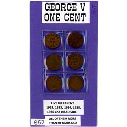 LOT OF 6- ONE CENT COINS (CANADA) *1932 TO 1936-AND ONE EXTRA 1936 TO SHOW THE HEAD SIDE*