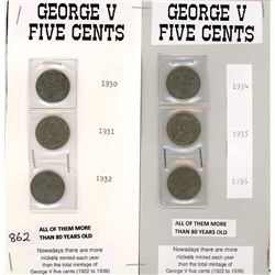 LOT OF 6- FIVE CENT COINS (CANADA) *GEORGE V-DIFFERENT DATES*