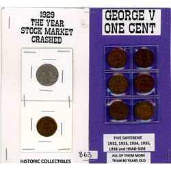 LOT OF 2- FIVE CENT COINS AND 6- ONE CENT COINS (.5 CENT=1929, .1 CENT=1932-32-33-34-35-36)