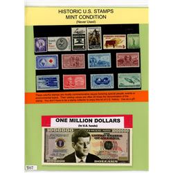 LOT OF HISTORIC US STAMPS (14 DIFFERENT-WITH BONUS JOHN F. KENNEDY ONE MILLION DOLLAR BANKNOTE-NOVEL