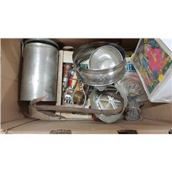LOT OF ASSORTED ITEMS INCLUDING A SEED SOWER AND SILVER PLATED ITEMS