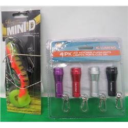 4 PACK MINI LED FLASHLIGHTS AND FISHING LURE