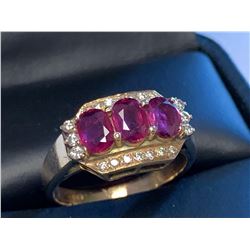 Natural Diamond and ruby 14KT gold Dress ring 1.56 carat oval cut ruby triple solitaires. certificat