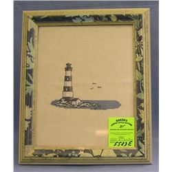 Framed cross stitch lighthouse artwork