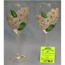 Pair of floral design stemware wine glasses