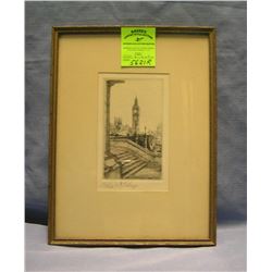 Antique original etching of the London Clock Tower