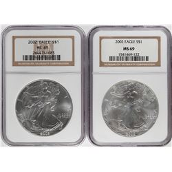 Lot of (2) 2002 $1 American Silver Eagle Coins NGC MS69