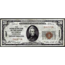 1929 $20 National Bank Reading, PA CH# 4887 National Currency Note