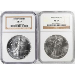 Lot of 1992-1993 $1 American Silver Eagle Coins NGC MS69