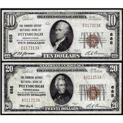 Set of 1929 $10/$20 NB of Pittsburgh, PA CH# 685 National Currency Notes