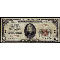 1929 $20 National Bank Milwaukee, WI CH# 64 National Currency Note