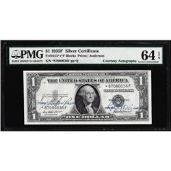 1935F $1 Silver Certificate STAR Note PMG Choice Uncirculated 64EPQ Courtesy Autograph