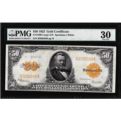 1922 $50 Gold Certificate Note Fr.1200 PMG Very Fine 30