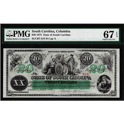 1872 $20 State of South Carolina Revenue Bond Obsolete Note PMG Superb Gem Unc. 67EPQ