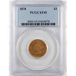 1878 $3 Indian Princess Head Gold Coin PCGS XF45