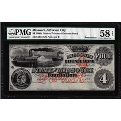 1860's $4 State of Missouri Defence Bond Obsolete Note PMG Choice About Unc 58EPQ