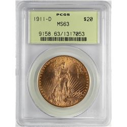 1911-D $20 St. Gaudens Double Eagle Gold Coin PCGS MS63 OGH