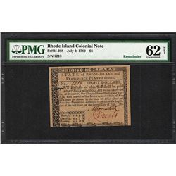 July 2, 1780 $8 Rhode Island Colonial Currency Note Fr.RI-288 PMG Uncirculated 62 Net