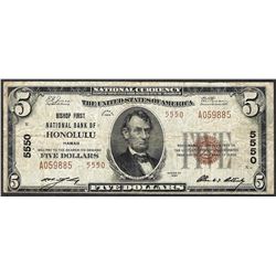 1929 $5 National Currency Note Bishop NB of Honolulu, HI CH# 5550
