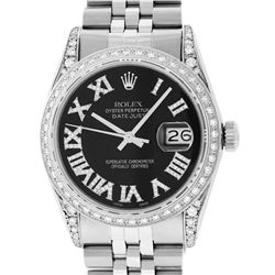 Rolex Mens Stainless Steel Black Roman Diamond Datejust Wristwatch