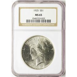 1925 $1 Peace Silver Dollar Coin NGC MS65