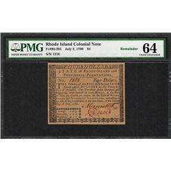 July 2, 1780 $4 Rhode Island Colonial Currency Note Fr.RI-285 PMG Uncirculated 64