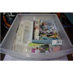 BIN OF BUTTONS, SEWING NOTIONS, IRON ON TRANSFERS