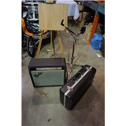 FENDER SPEAKER, SNARE DRUM STAND, INSTRUMENT HARD CASE, AND EASEL