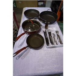 2 ROCK PANS, KITCHENAID PANS AND TRAY OF CUTLERY