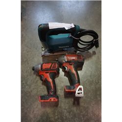 2 MILWAUKEE CORDLESS IMPACT GUNS AND MAKITA JIGSAW