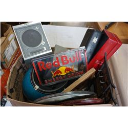 RED BULL SIGN, COCA COLA SIGN, 2 YORX SPEAKERS, AND DECOR