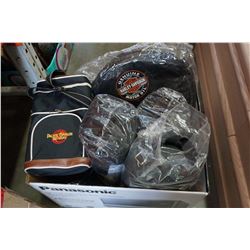 BOX LOT OF HARLEY BAGS AND ACCESSORIES, COOLER BAGS, ETC