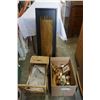 Image 1 : BOX OF BRASS VASE, SCONCE, METAL AND WOOD DECOR, AND DOLL CARRIAGE