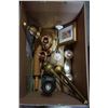 Image 2 : BOX OF BRASS VASE, SCONCE, METAL AND WOOD DECOR, AND DOLL CARRIAGE