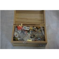 WOOD JEWELRY BOX OF PINS