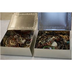 2 METAL TINS W/JEWELLERY AND WATCHES