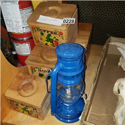 WOOD CANNISTER SET AND BLUE OIL LANTERN