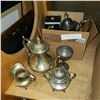 Image 1 : LOT OF SILVER PLATED TEA POTS, BRASS TEA POT, AND CREAM AND SUGAR