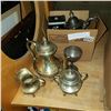 Image 2 : LOT OF SILVER PLATED TEA POTS, BRASS TEA POT, AND CREAM AND SUGAR