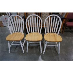 3 WHITE AND MAPLE DINING CHAIRS