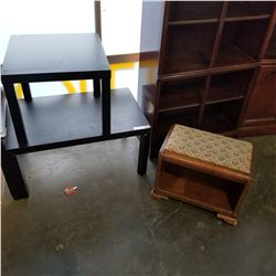 BLACK IKEA COFFEE TABLE AND END TABLE AND ANTIQUE VANITY BENCH