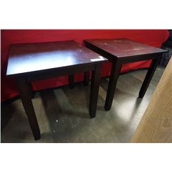 PAIR OF MODERN SQUARE END TABLES AND ANTIQUE FOOTSTOOL